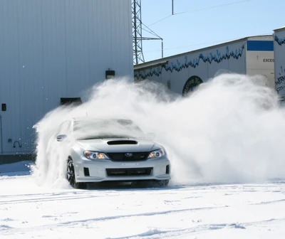 Subaru WRX STI derrapando a través de terreno nevado