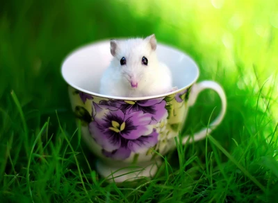 Ratón blanco sentado en una taza floral sobre un césped verde exuberante.