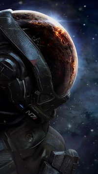 Mass Effect Andromeda: Soldado N7 contra un fondo cósmico