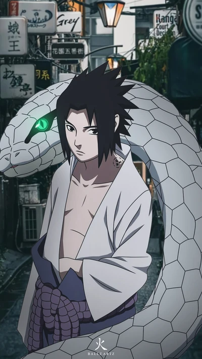 Sasuke Uchiha com cobra em uma estética urbana