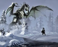 Rencontre épique avec un dragon dans un paysage enneigé de Skyrim