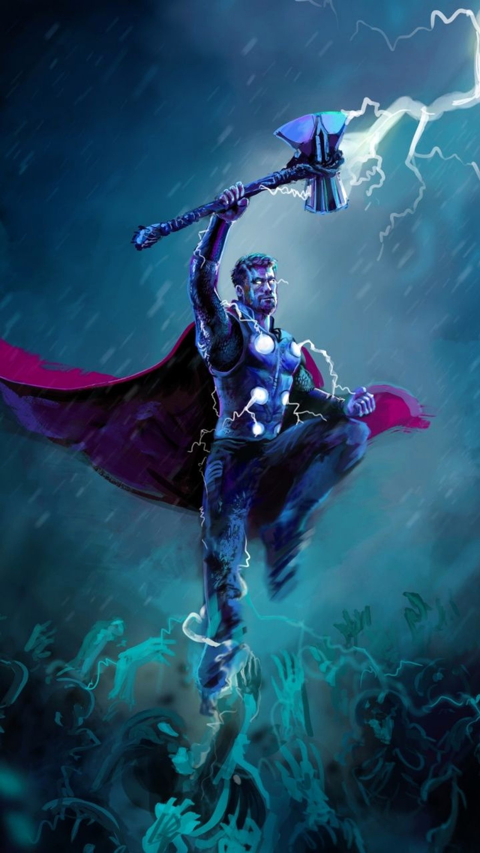 Thor thor is flying through the air with a hammer in his hand (marvel, thor, hero, infinity war, avengers)