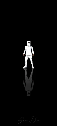 Stylized Character in White Outfit with Marshmallow Headset Against Black Background