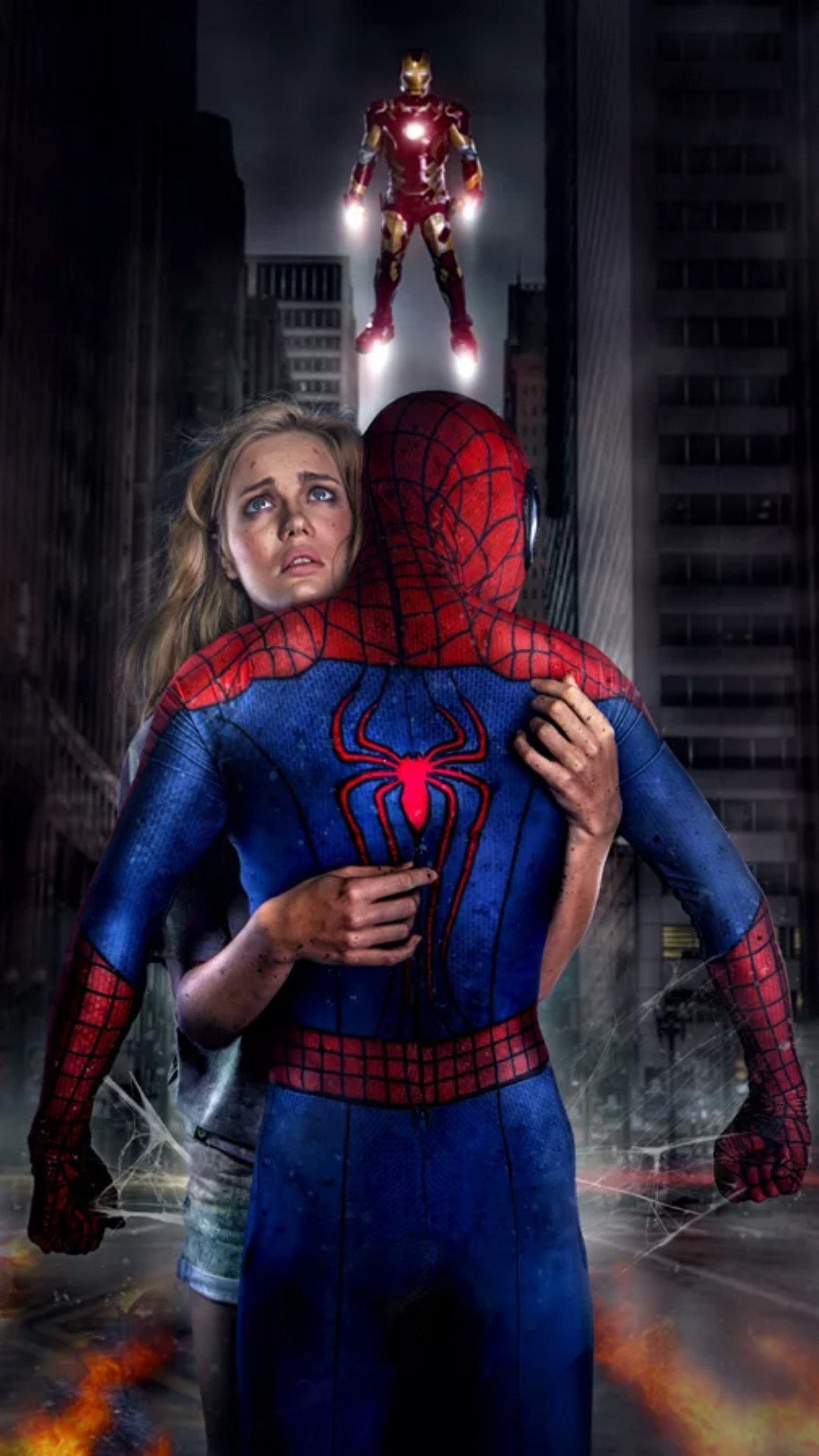 Spider-man et une femme s'enlaçant dans la ville la nuit (spiderman, fille, petite amie, amour, ville)