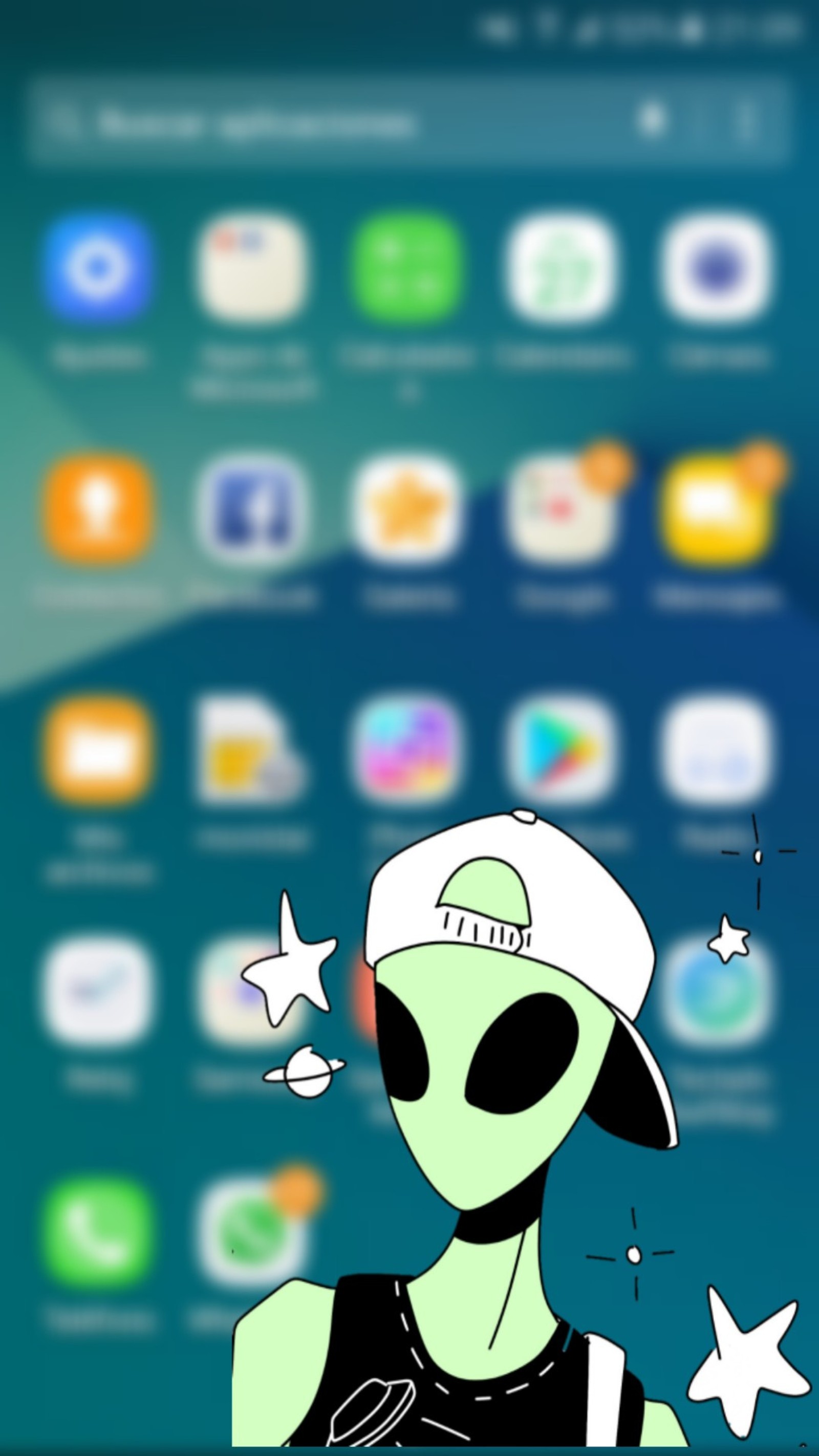 Cartoon alien with a hat and a star on his head (samsung, marciano, fondo)