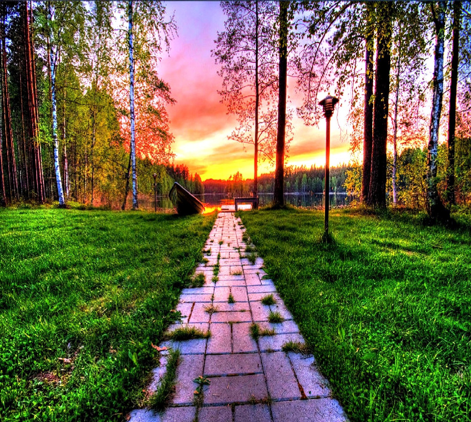 Arafed pathway in a park with a bench and a sunset (nature)