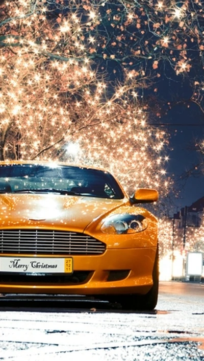 Coche festivo entre luces de la ciudad: Una escena navideña alegre