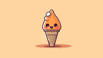 Cornet de glace cartoon kawaii avec un visage mignon en orange pastel