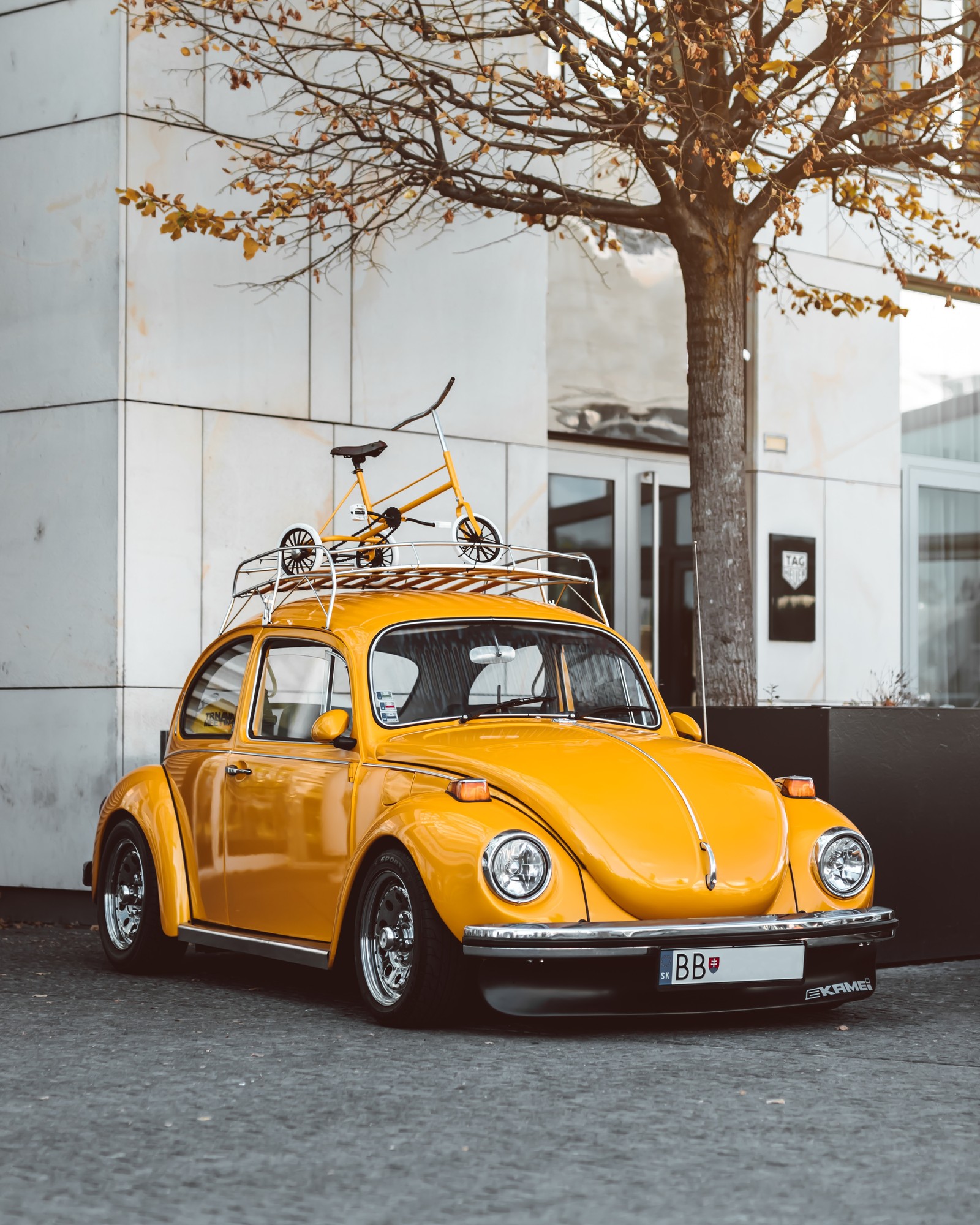 Yellow vw beetle parked on the side of the road with a bicycle on top (volkswagen beetle, cars, volkswagen, classic car, vintage car)