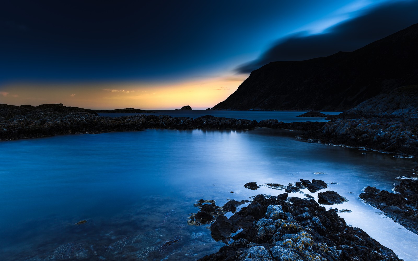 A long exposure photo of a blue ocean with rocks and a mountain in the background (rocky coast, bremanger, norway, twilight, sunset)