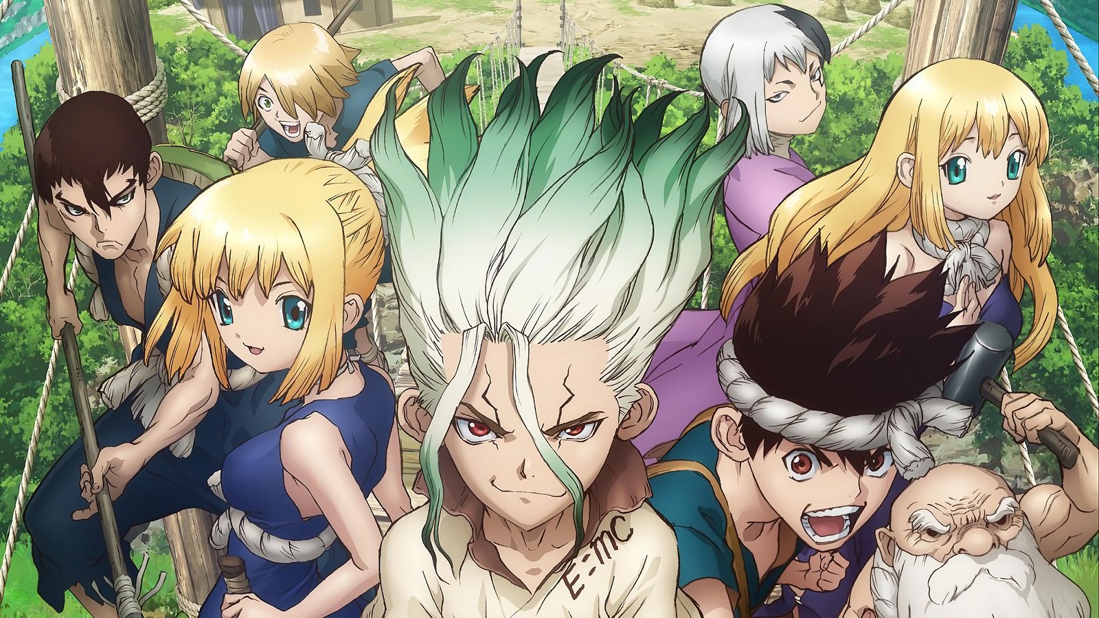 A group of anime characters standing in front of a forest (dr stone, anime, senku ishigami, kohaku, kinro)