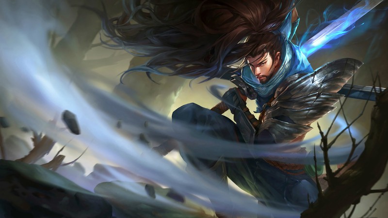 Женщина с мечом в руке и синим светом, исходящим из её лица (yasuo, lol, league of legends, видеоигра)