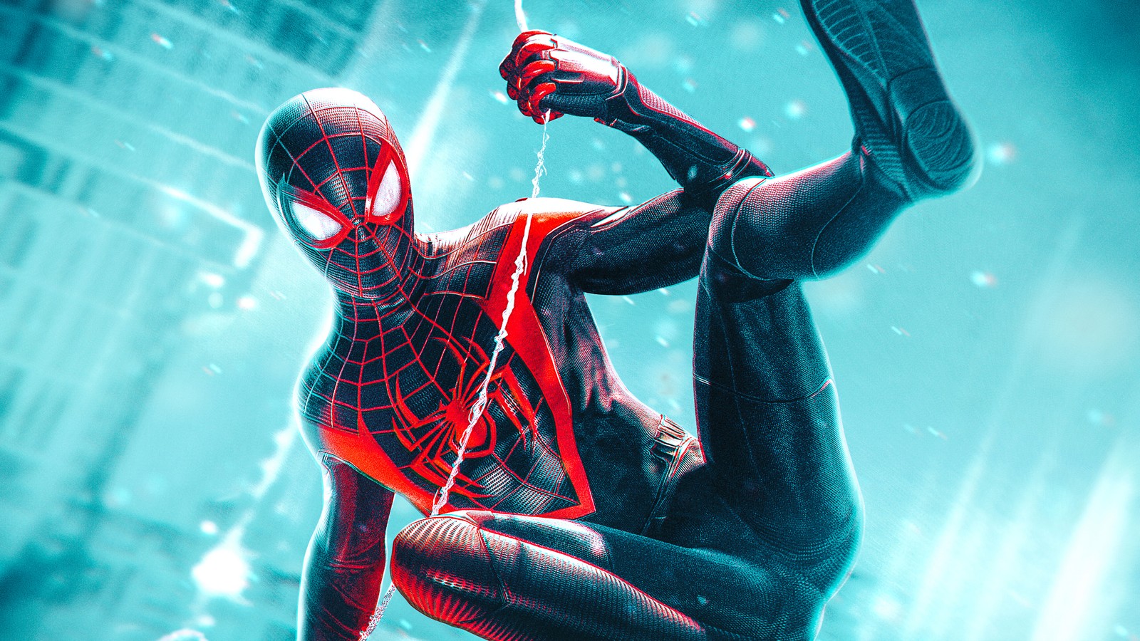 Spider-man en un costume avec des rayures rouges et noires (marvels spider man miles morales, jeu vidéo, ps5, playstation 5)