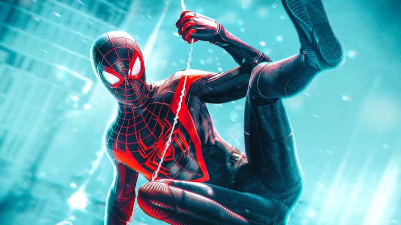 Человек-паук в костюме с красными и черными полосами (marvels spider man miles morales, видеоигра, ps5, playstation 5)