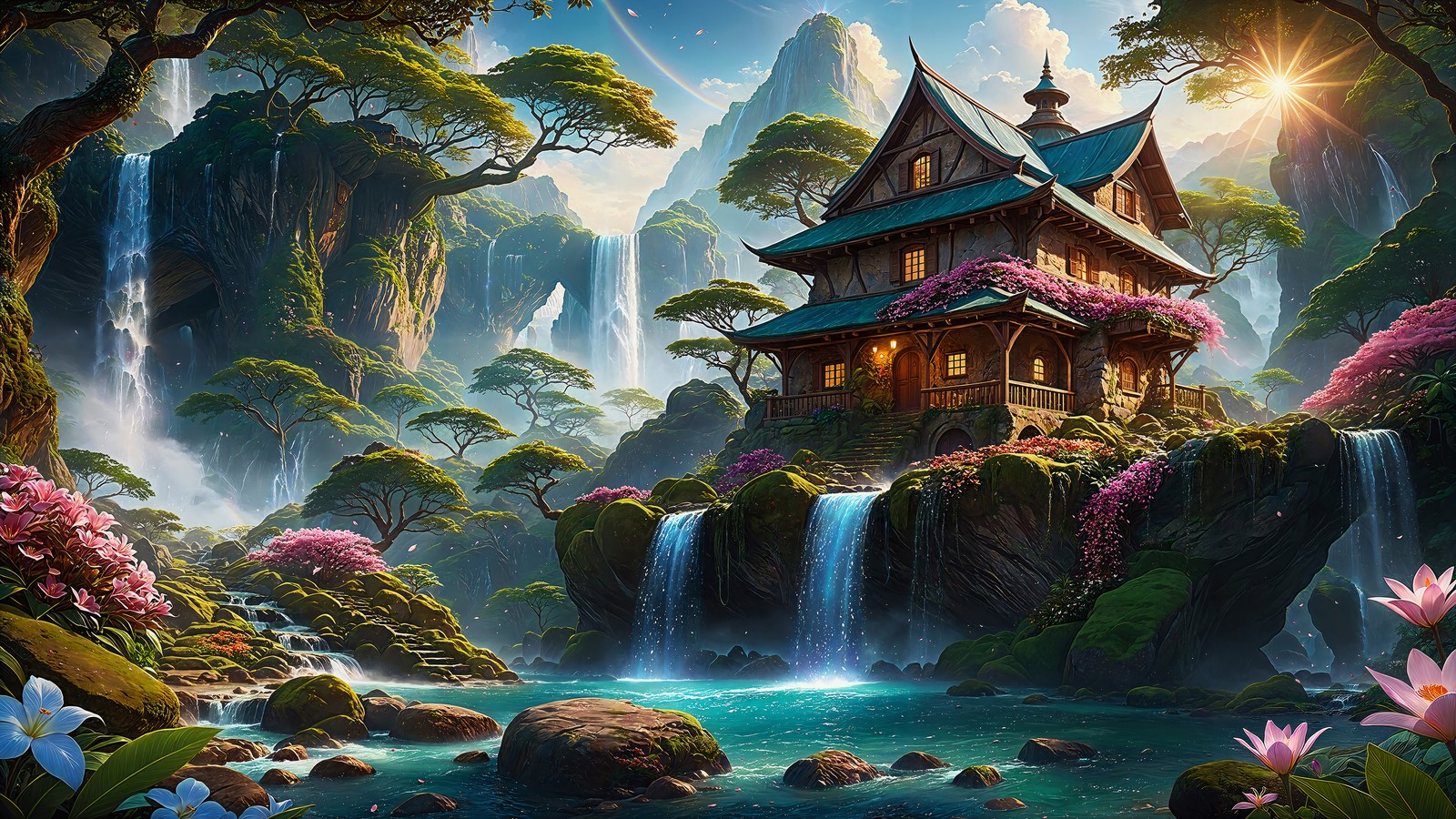 fantasy, forest, house, waterfall, scenery wallpaper