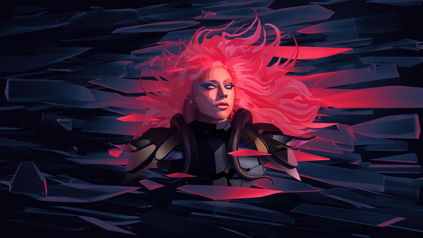 A woman with pink hair and a black outfit is surrounded by shattered glass (lady gaga, american singer, artwork, low poly, graphics cgi)