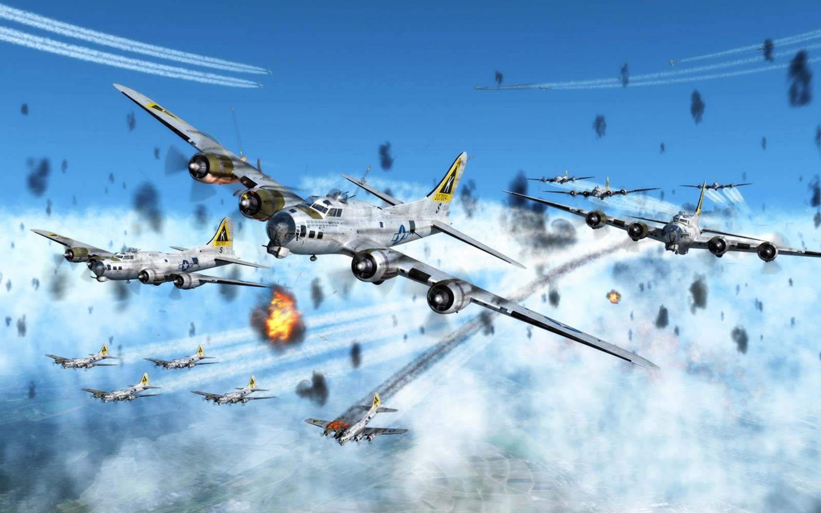 Arafed image of a group of fighter jets flying through the air (boeing b 17 flying fortress, military aircraft, airplane, aircraft, air force)