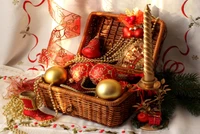 Festive Christmas Basket with Ornaments and Decor