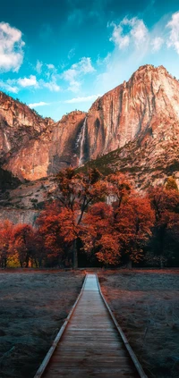 Sendero de otoño a través de majestuosas montañas y un bosque vibrante