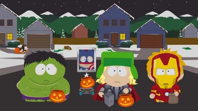 стиль южного парка, south park halloween, stan marsh as captain america, kyle broflovski as thor, eric cartman as hulk