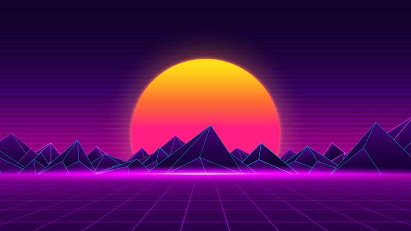 Uma paisagem em estilo retrô com montanhas e um pôr do sol (synthwave, retrowave, por do sol, montanha, arte digital)