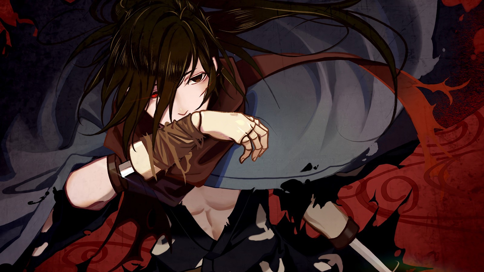 A close up of a person with long hair and a sword (hyakkimaru, dororo anime, anime)