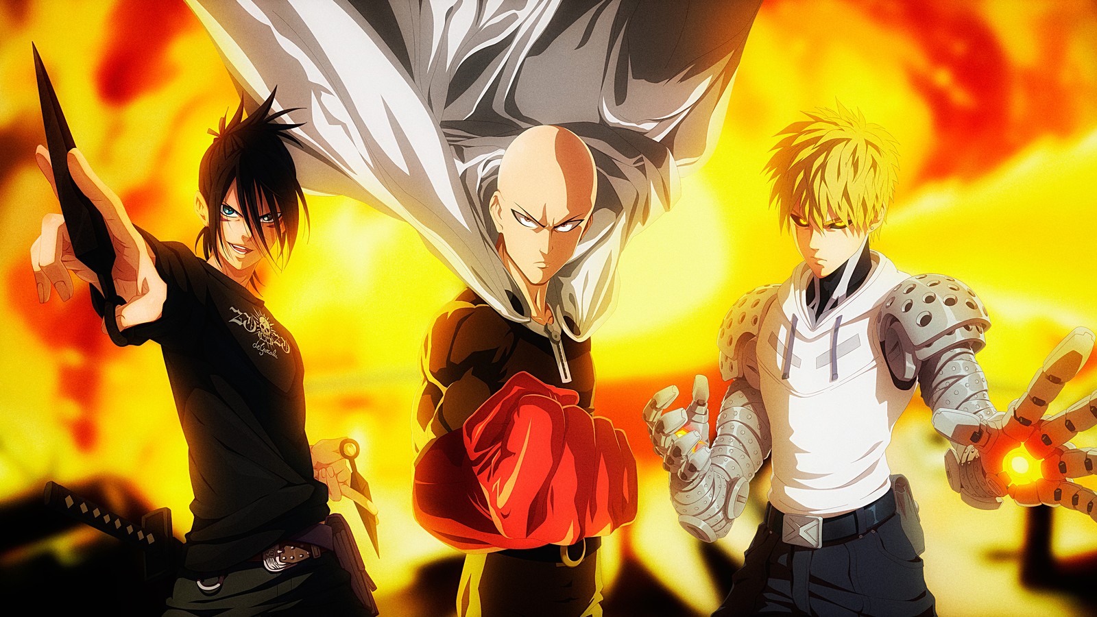 Personnages anime avec des armes et des flammes en arrière-plan (one punch man, anime, saitama, sonic, genos)