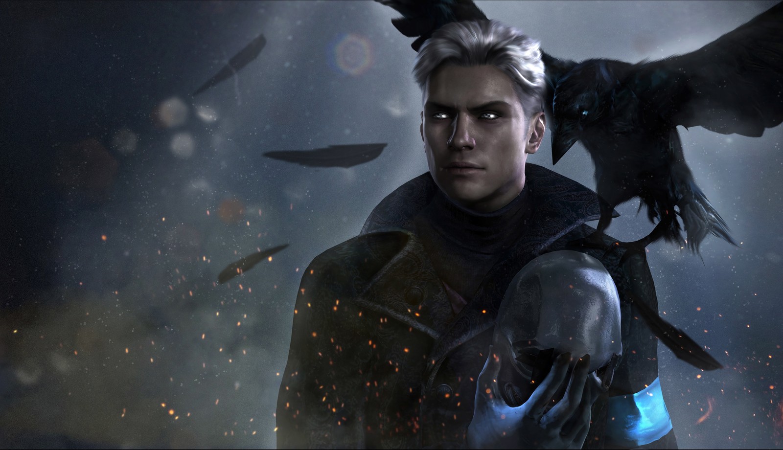 Nahaufnahme einer person, die einen vogel auf der schulter hält (devil may cry 5, dmc devil may cry, vergil, dante, digital compositing)