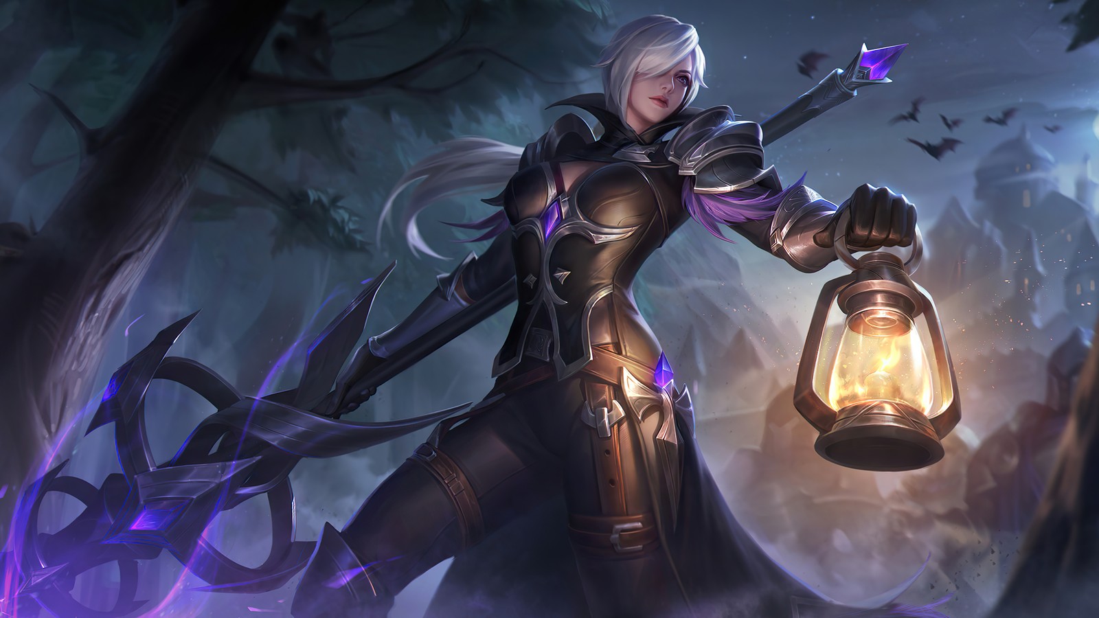 Une femme en armure tenant une lanterne dans une forêt (silvanna, justice de minuit, peau, mobile legends, bang bang)