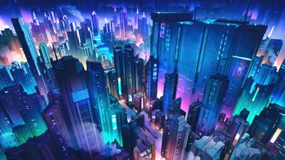 Paysage urbain cyberpunk vibrant : Une métropole futuriste en néon