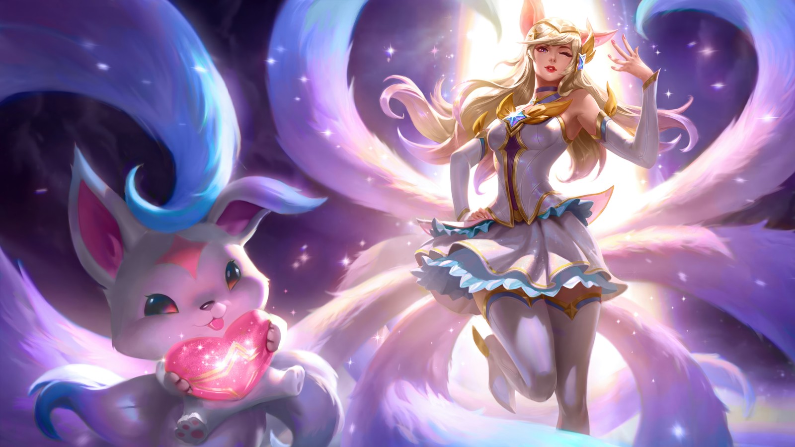 Une femme en robe se tenant à côté d'un chat avec de la lumière (ahri, gardien des étoiles, mythic chroma, peau, lol wild rift)