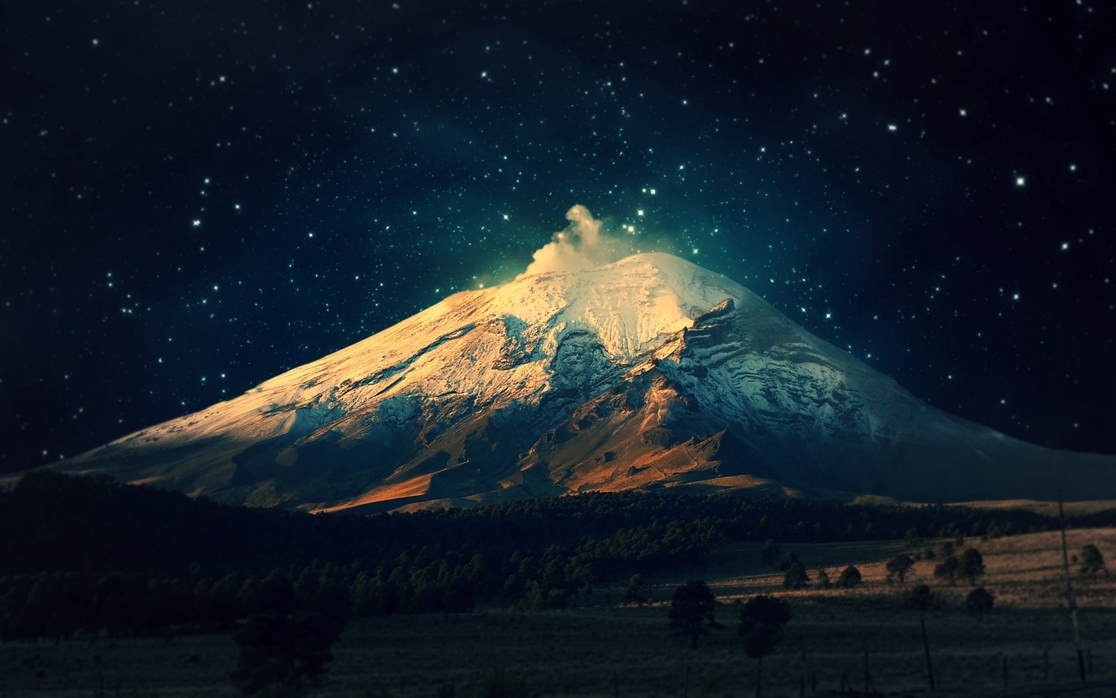 A view of a mountain with a sky full of stars (night, mountain, stratovolcano, atmosphere, volcanic landform)