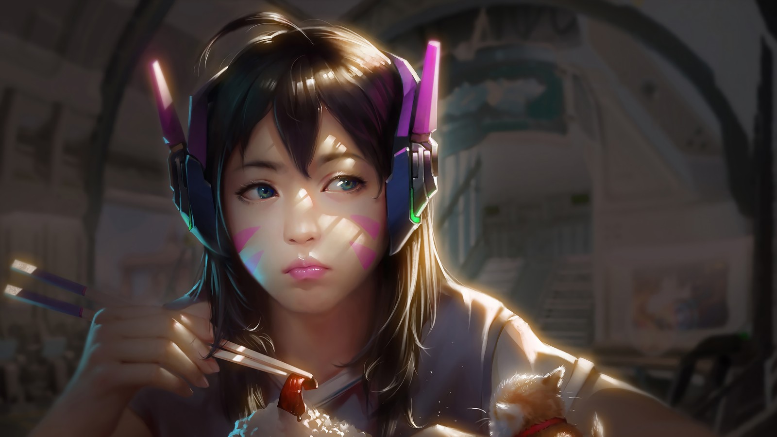 Anime girl with headphones holding a knife and fork in front of her face (dva, overwatch, video game)