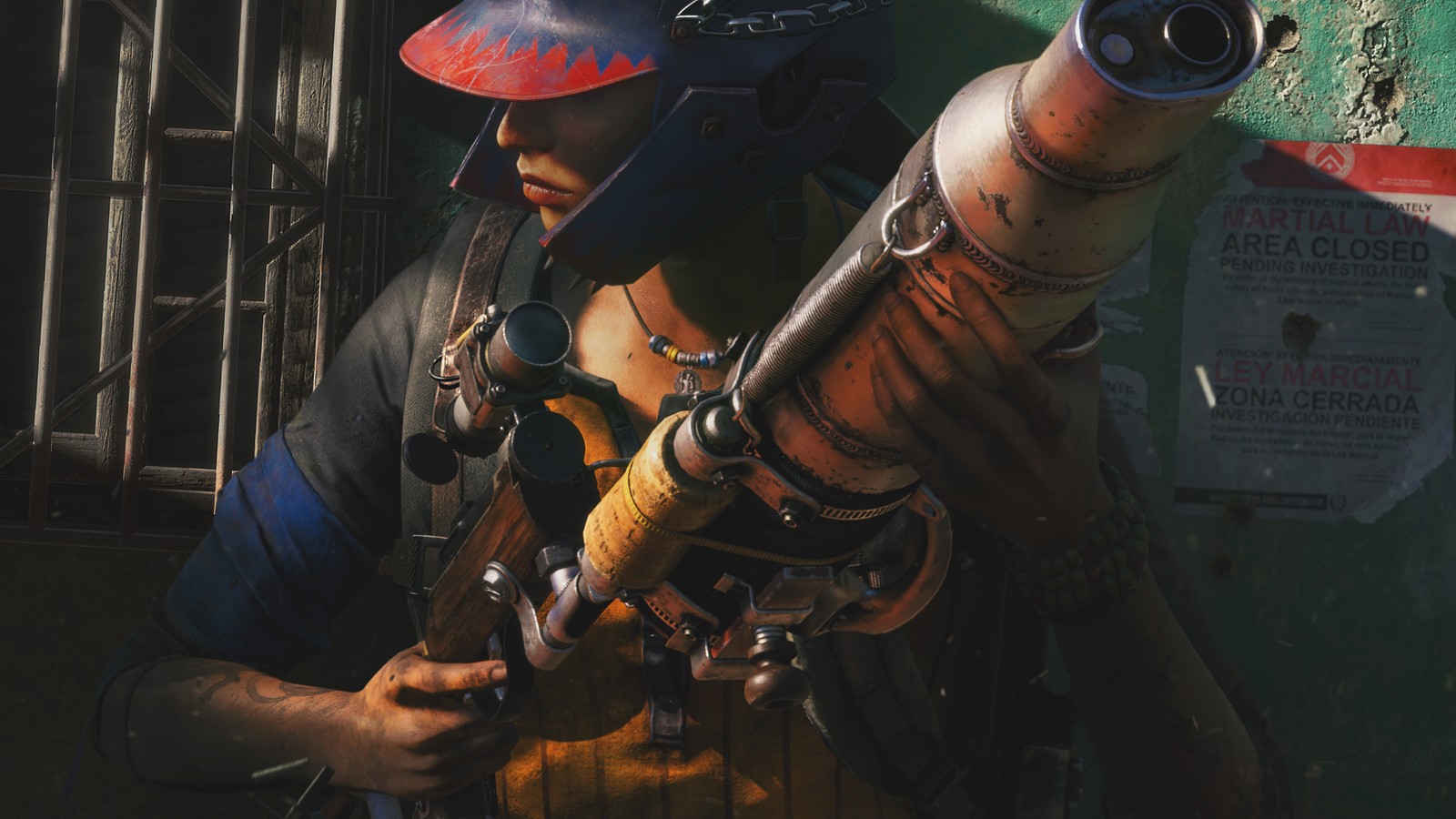 There is a man holding a gun and a helmet on his head (far cry 6, video game)