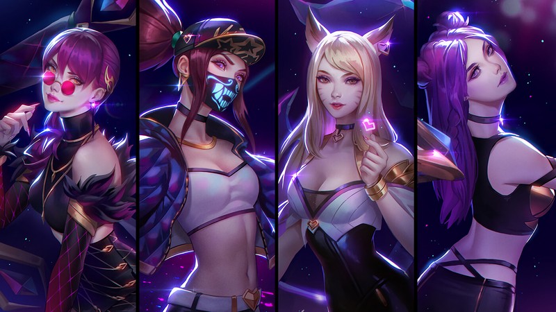 Группа девушек-аниме в разных нарядах и макияже (kda, evelynn, акали, akali, ахри)