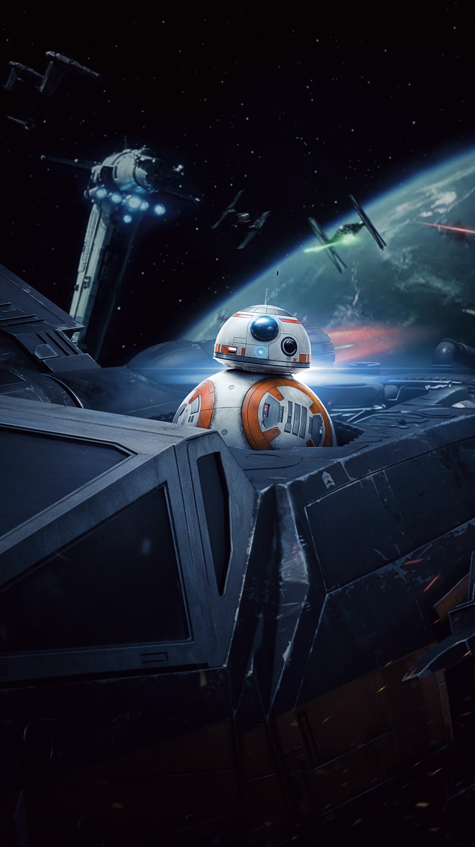 Star wars bb - 8 robot flying over a space station (star wars, darth vader, poster, stormtrooper, film poster)