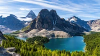 Paisagem montanhosa majestosa com lago sereno e florestas exuberantes