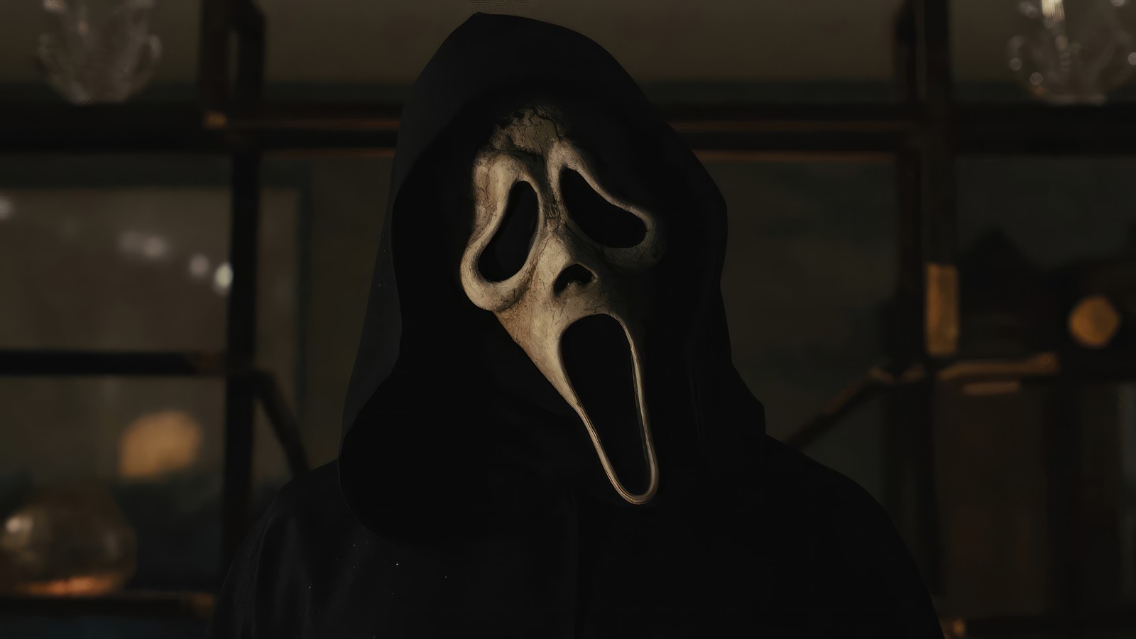 A person in a black hoodie with a white face and a black hoodie (scream 6, movie, 2023, scream vi, ghostface)