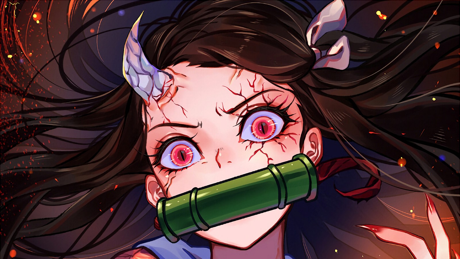 Скачать обои nezuko kamado, demon form transformation, kimetsu no yaiba, аниме, anime