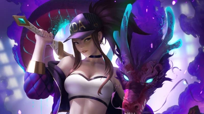 Акали в стиле K/DA и величественный дракон в искусстве League of Legends