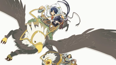 Shiroe, Akatsuki, and Naotsugu Riding a Griffin in Log Horizon