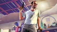 Trevor Philips em um momento sombrio, mostrando seu espírito rebelde com uma arma na mão, incorporando a essência do caos de Grand Theft Auto.