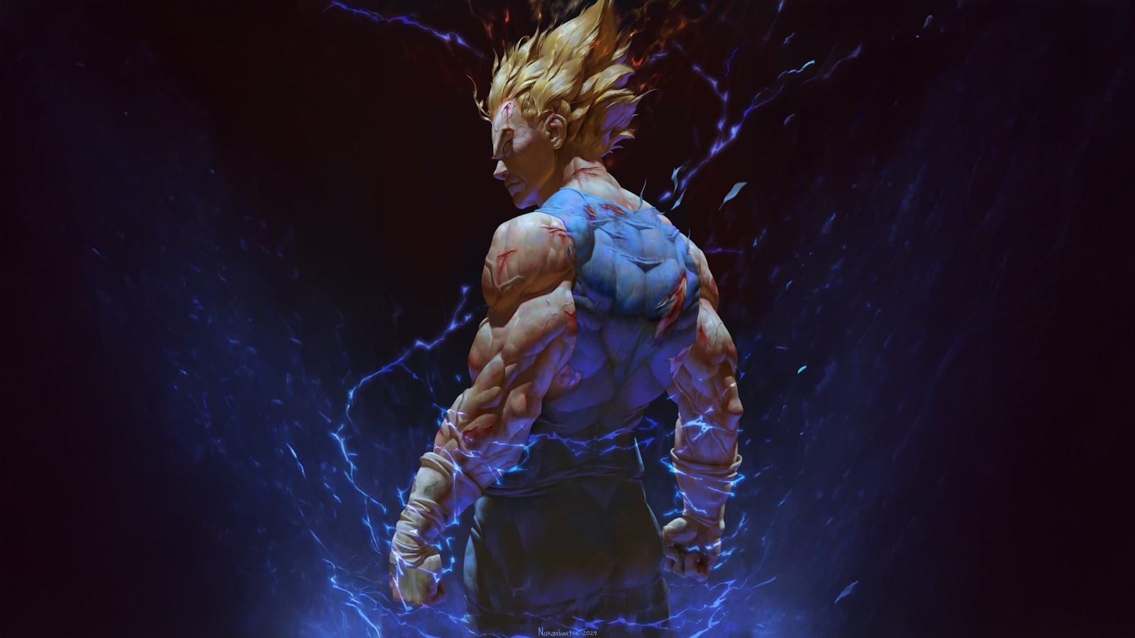 A man with a blue shirt and a fist is standing in the dark (vegeta, muscular, super saiyan blue, 5k, anime)