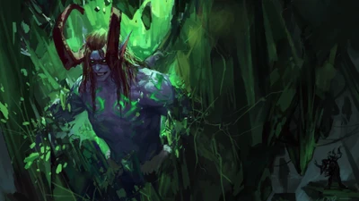 Illidan Tempestira emergiendo de ruinas sombrías en el arte de World of Warcraft