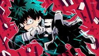 Izuku Midoriya libère son pouvoir en pleine couverture, incarnant la détermination et l'héroïsme contre un arrière-plan dynamique et brisé.