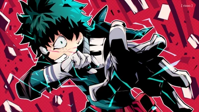 Izuku Midoriya unleashes his power in full cowling, embodying determination and heroism against a dynamic, shattered backdrop.