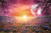 Surreal Sunrise Over Blooming Spring Landscape with a Majestic Moon