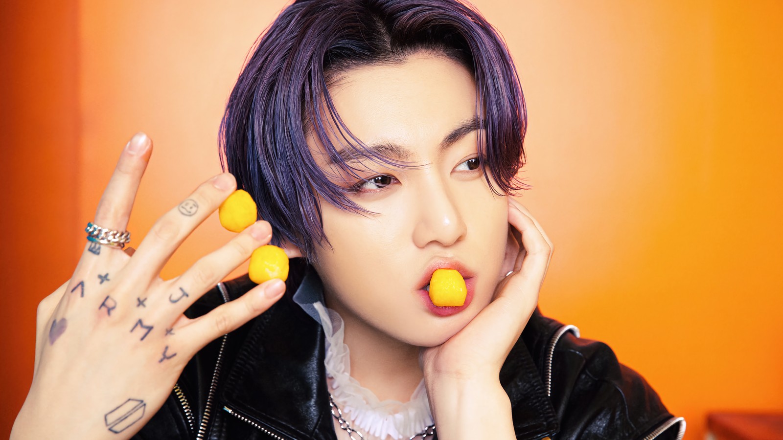 Arafed woman with purple hair and piercings holding two yellow donuts (bts, 방탄소년단, k pop, korean, boy group)