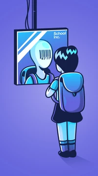 Une fille en uniforme scolaire regarde son reflet dans un miroir, qui affiche un code-barres sur son visage, symbolisant l'identité et la conformité. L'œuvre présente des tons azur vibrants et bleu électrique, soulignant un style moderne et graphique.