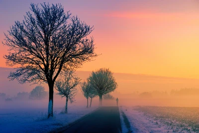 Amanecer invernal brumoso en un camino sereno